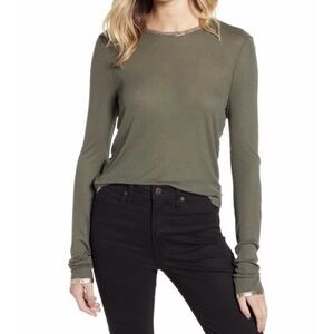 Zadig & Voltaire Willy Foil Long Sleeve Top Green Silver Trim Modal Large luxury